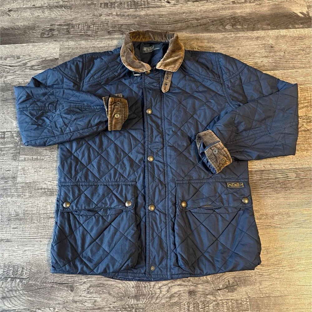 Polo Ralph Lauren Quilted Barn Jacket Mens M Navy Corduroy Collar Vintage READ